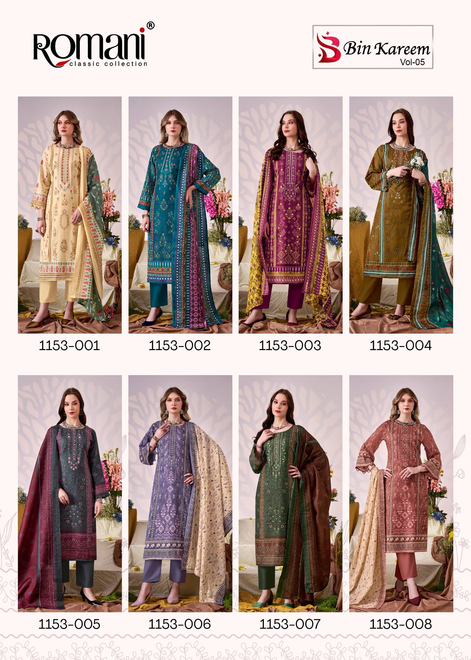 BIN KAREEM VOL 5 By ROMANI 1153-001 To 1153-008 Series Designer Suits Premium Soft Cotton Dresses At Wholesale Price
